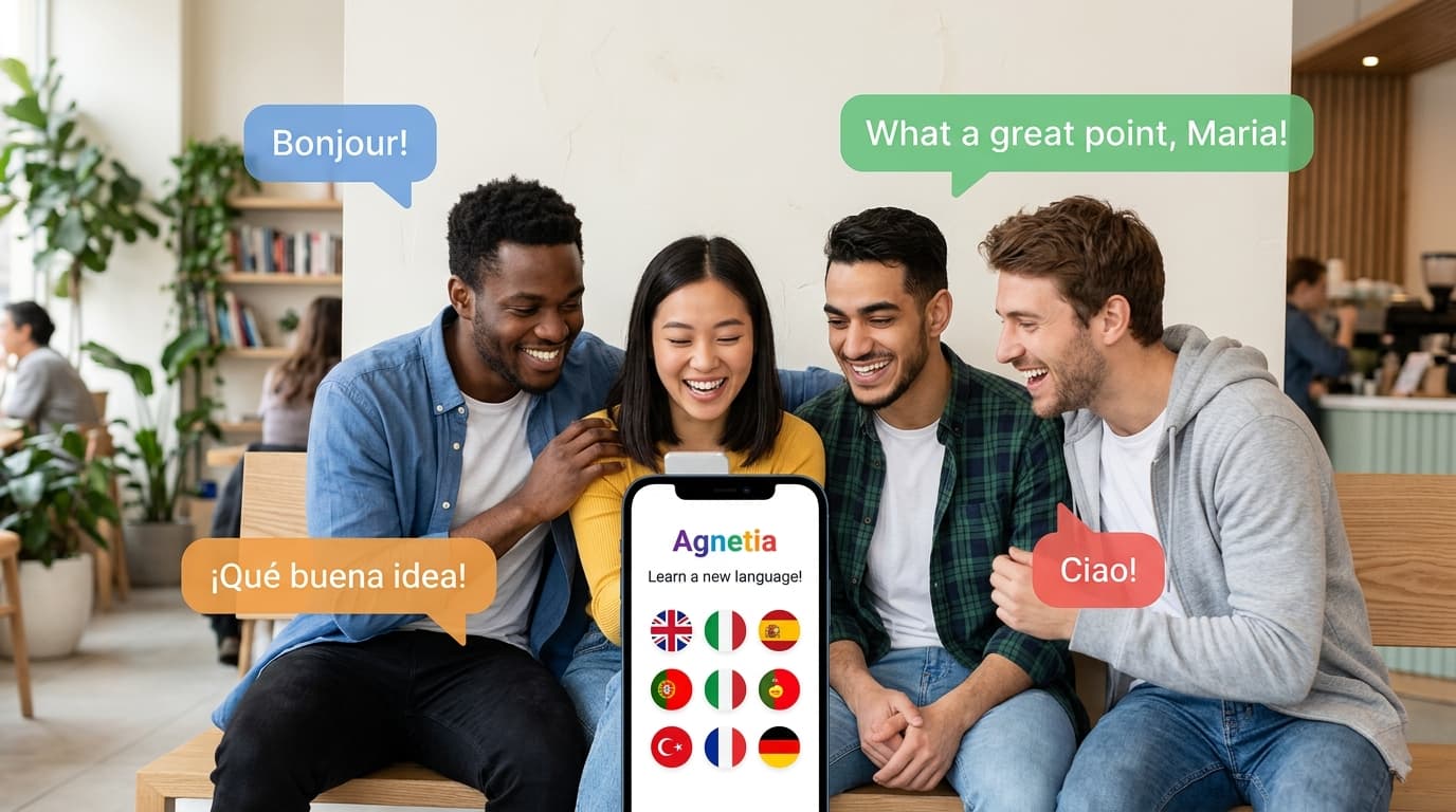 People interacting with the Agnetia app showing EN, IT, ES, PT, TR, FR and DE language flags